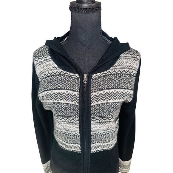 Telluride Womens Black White Long Hood Zip-Up Nordic Fair Isle Sweater Cardigan - Picture 2 of 8